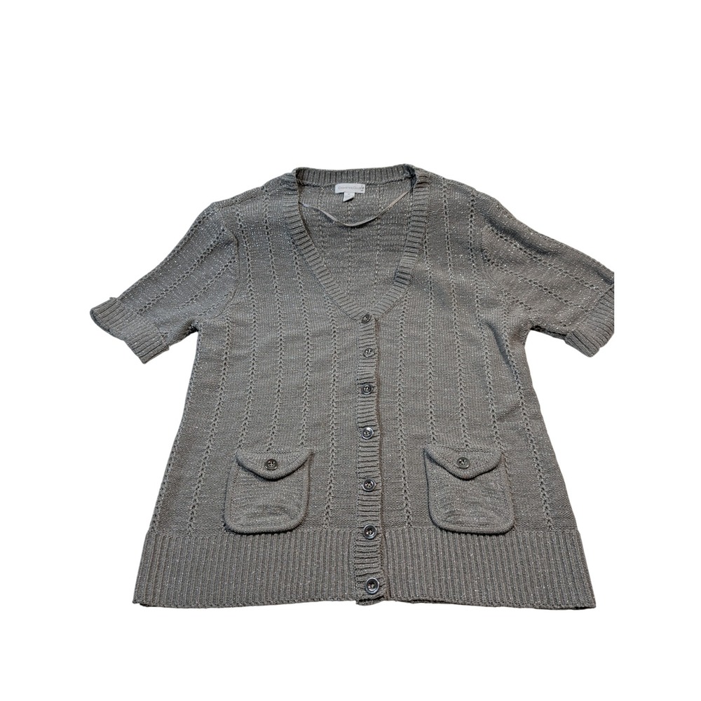 Charter Club Women Short Sleeve Metallic Cardigan XL Silver Gray